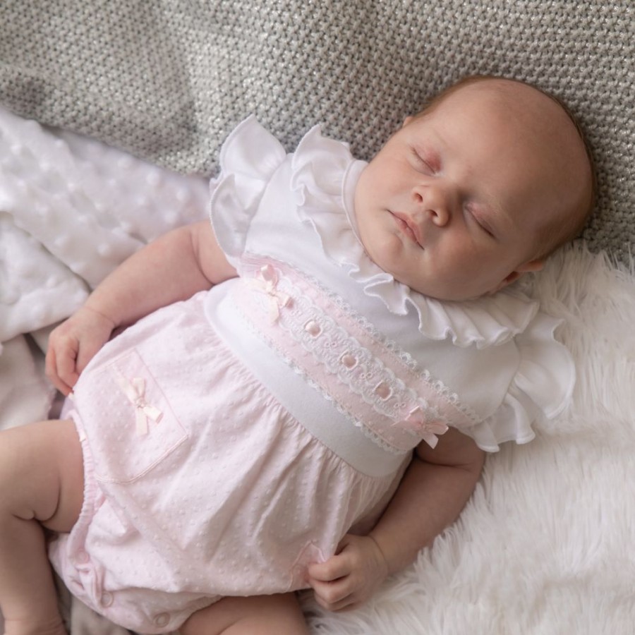 Clothing Dandelion Rompers | Pink & White Ruffles & Lace Bubble Romper