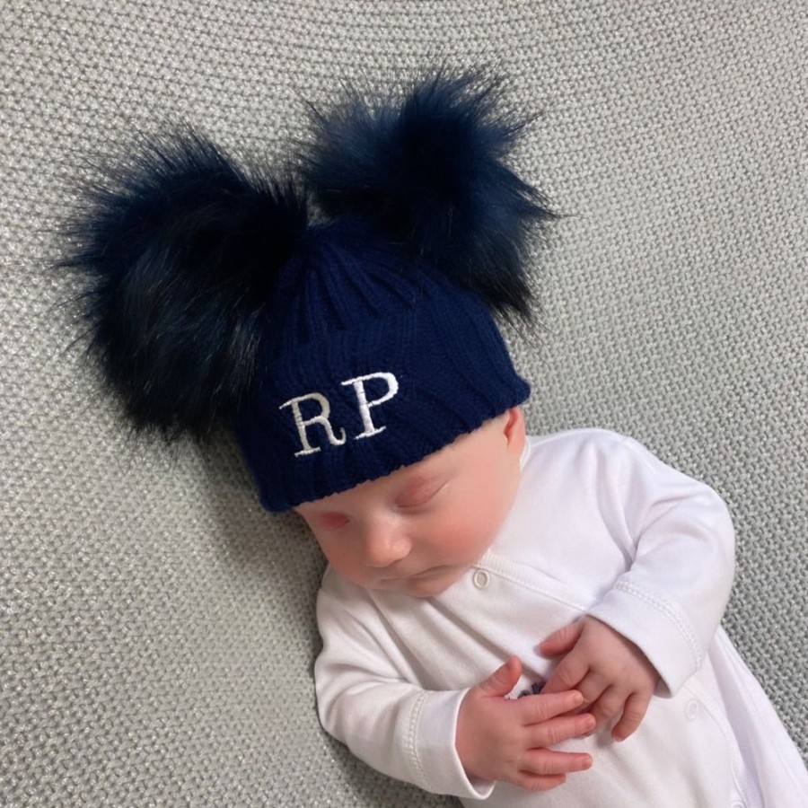 Clothing Millie & Ralph Hats | Personalised Initial Navy Double Pom Hat