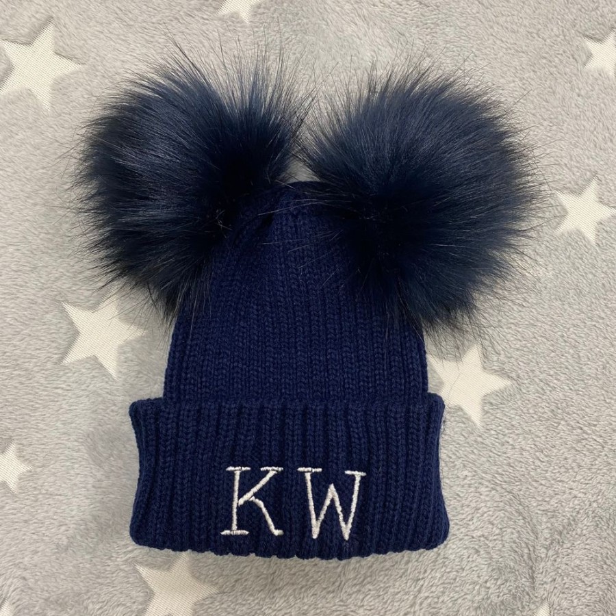 Clothing Millie & Ralph Hats | Personalised Initial Navy Double Pom Hat