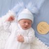 Clothing Millie & Ralph Hats | First Size White And Blue Ribbed Fur Double Pom Hat