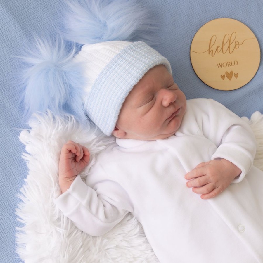 Clothing Millie & Ralph Hats | First Size White And Blue Ribbed Fur Double Pom Hat