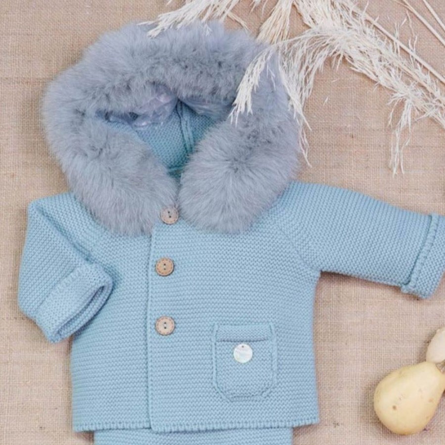 Clothing Pangasa Jackets, Coats & Pramsuits | Pangasa Blue Fur Hood Knitted Jacket