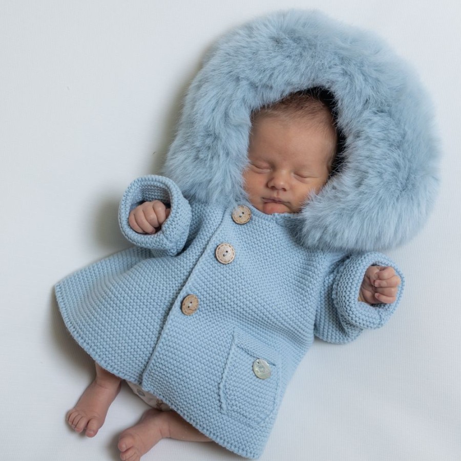 Clothing Pangasa Jackets, Coats & Pramsuits | Pangasa Blue Fur Hood Knitted Jacket