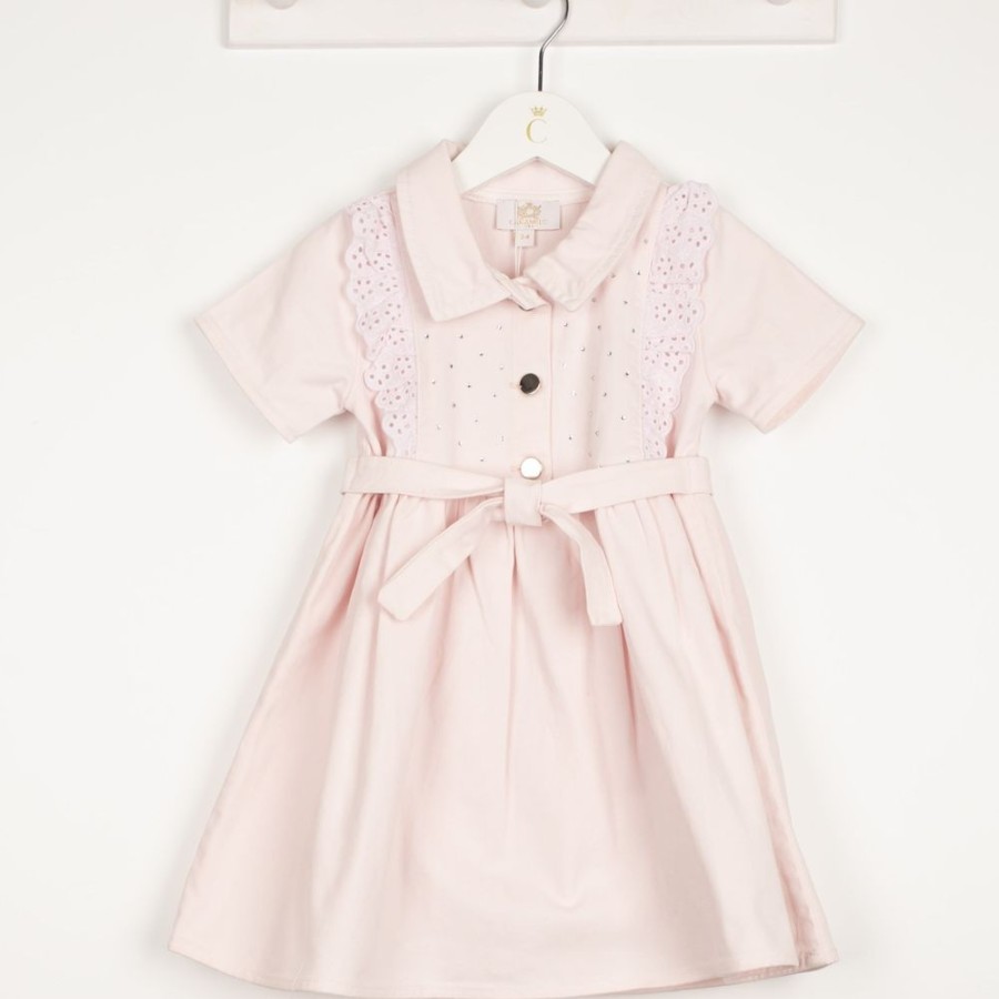 Clothing Caramelo Dresses | Pink Denim Frill Diamante Dress