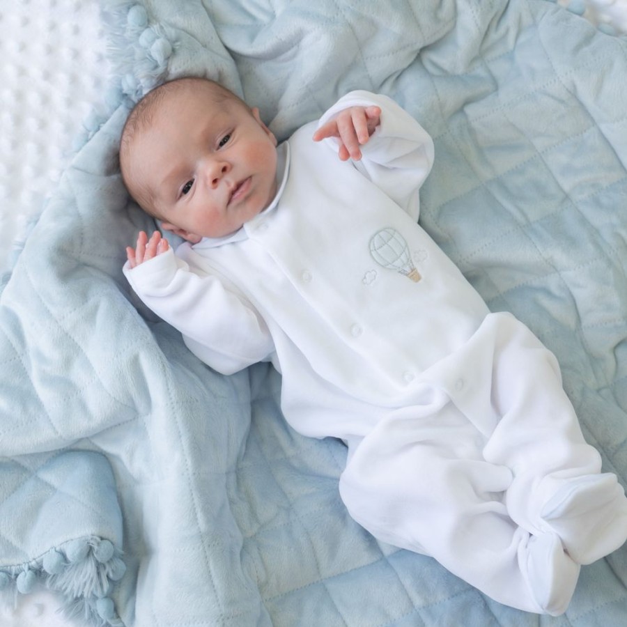 Clothing Millie & Ralph Sleepsuits | White Velour Blue Balloon Detail All In One