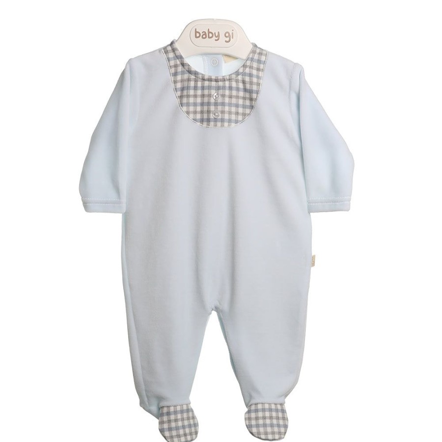 Clothing Millie & Ralph Sleepsuits | Blue Velour Gingham Chest Detail All In One