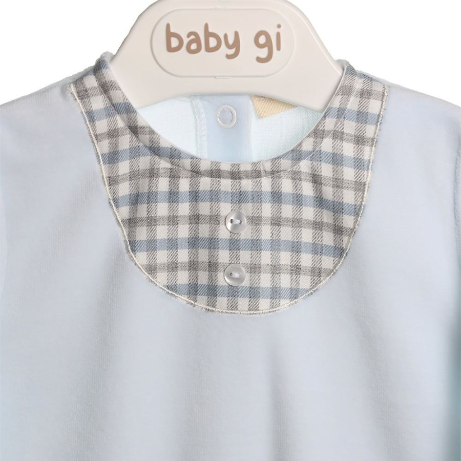 Clothing Millie & Ralph Sleepsuits | Blue Velour Gingham Chest Detail All In One