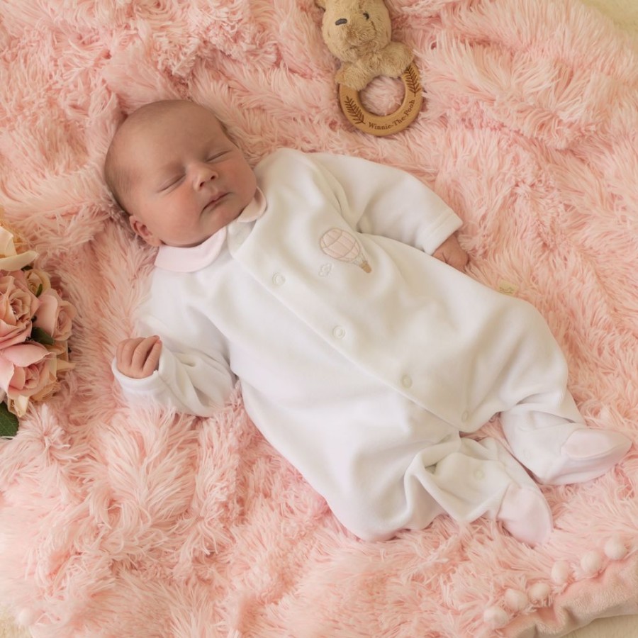 Clothing Millie & Ralph Sleepsuits | White Velour Pink Balloon Detail All In One