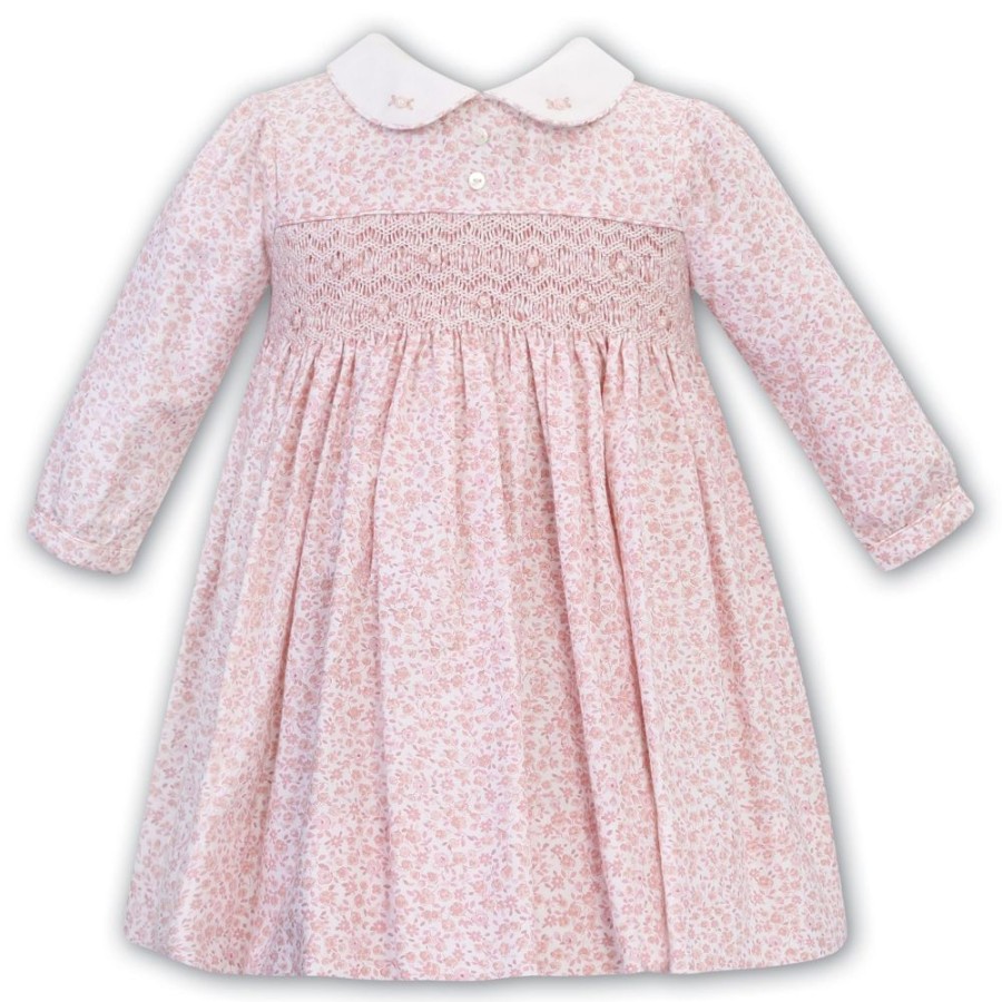 Clothing Sarah Louise Dresses | Pink Print Long Sleeve Smocked Chest Dress