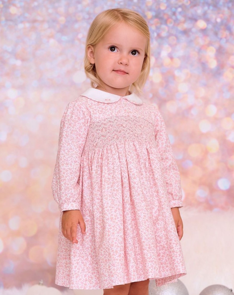 Clothing Sarah Louise Dresses | Pink Print Long Sleeve Smocked Chest Dress