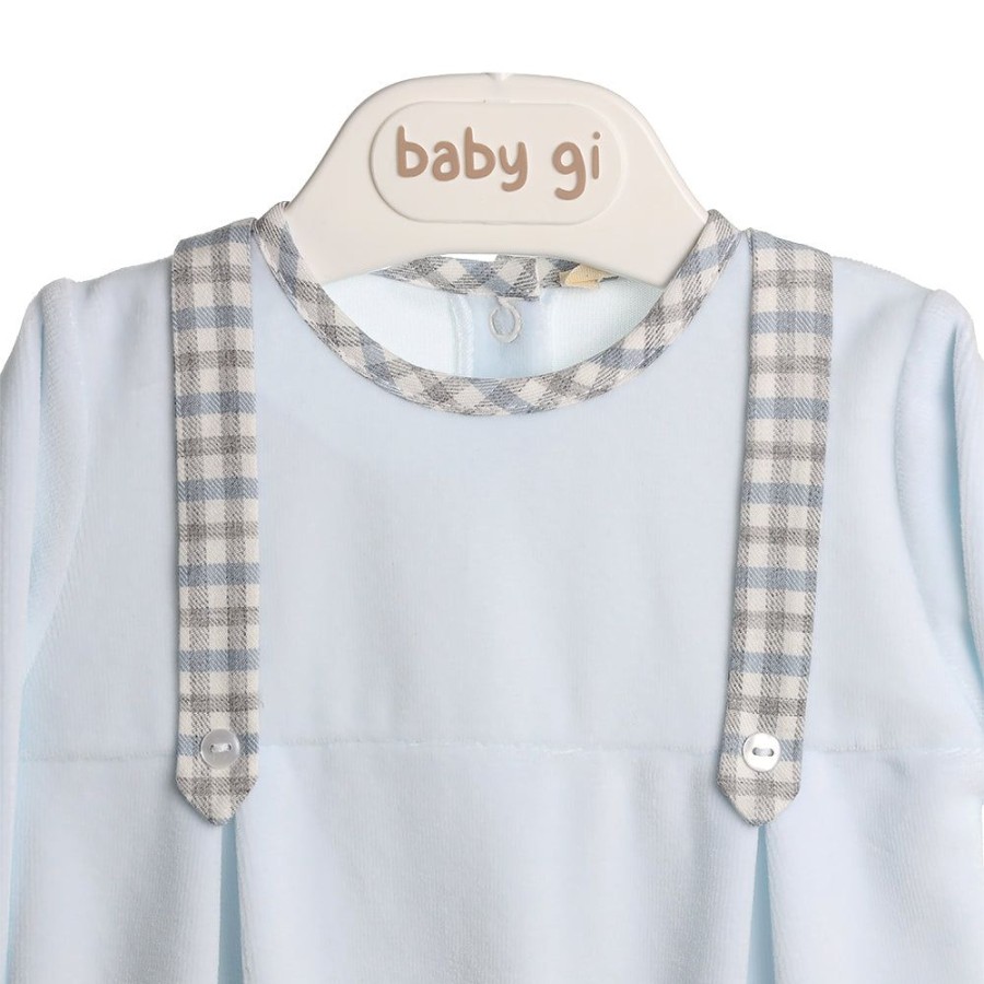 Clothing Millie & Ralph Sleepsuits | Blue Velour Gingham Braces All In One