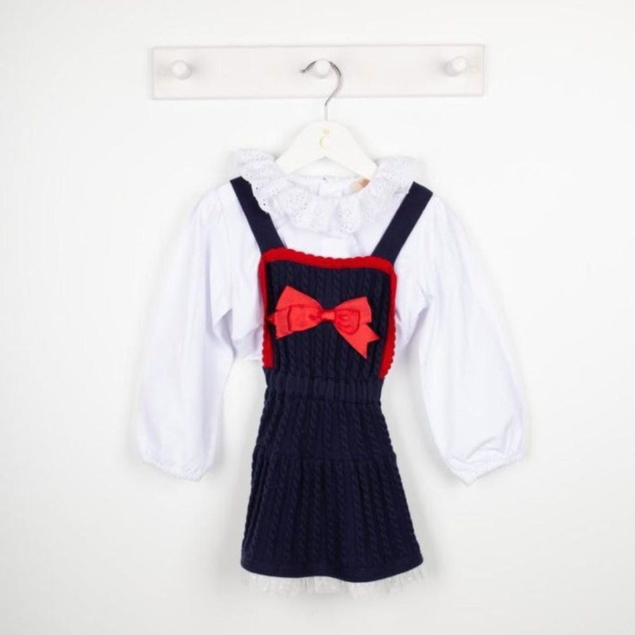 Clothing Caramelo Outfits | Navy & Red Cable Knit Pinafore Dress 2 Piece Set