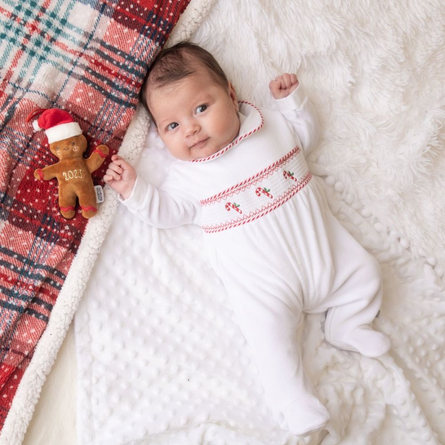 Clothing Dandelion Sleepsuits | White Candy Cane Smocked Sleepsuit