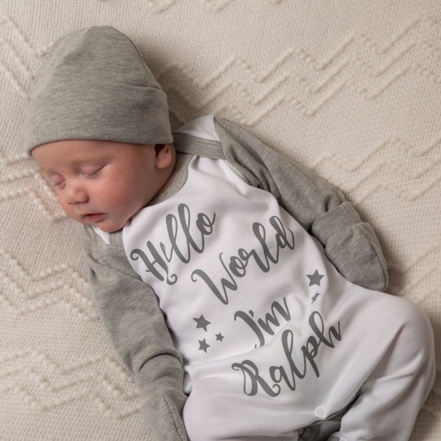 Personalised Millie & Ralph | Hello World I'M..' Dark Grey Contrast Sleepsuit Set | Millie & Ralph