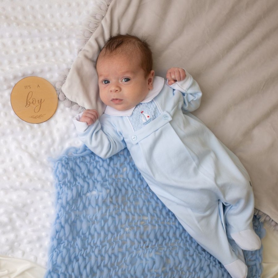 Clothing Dandelion Sleepsuits | Blue Sail Boat Smocked Sleepsuit