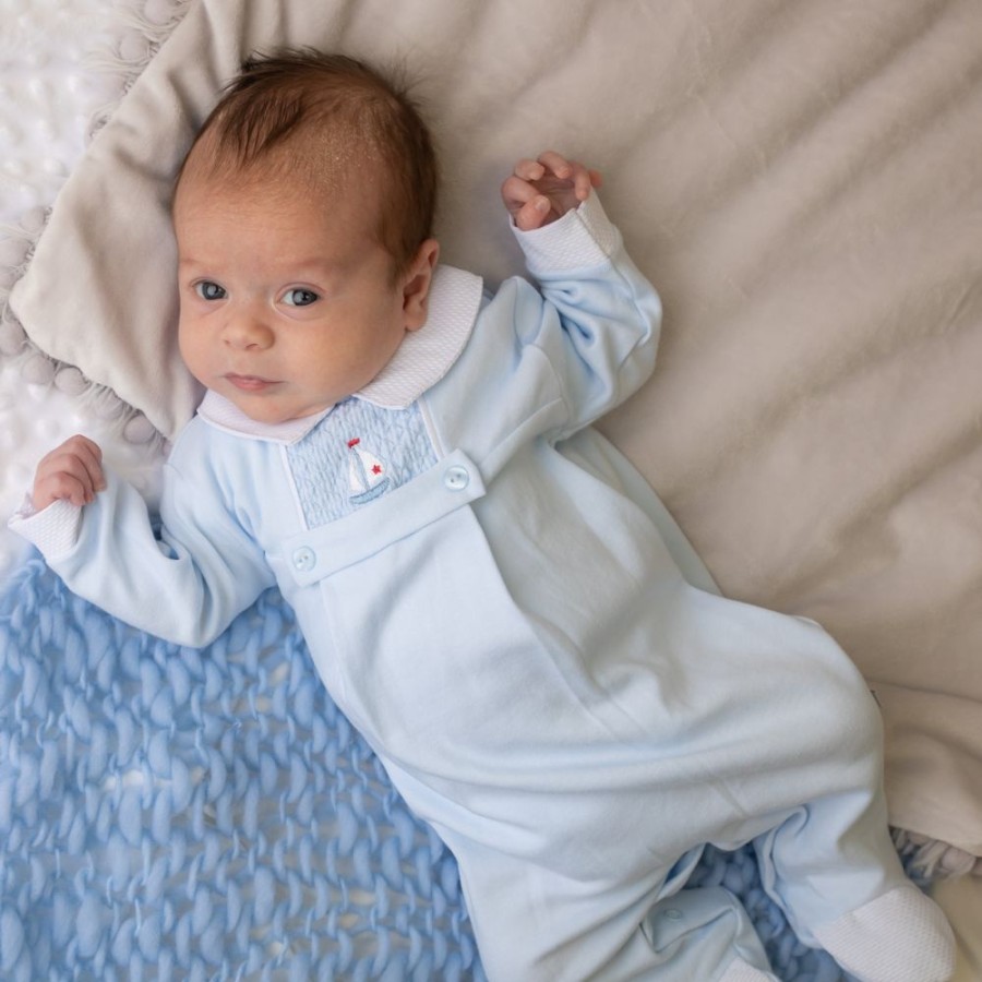 Clothing Dandelion Sleepsuits | Blue Sail Boat Smocked Sleepsuit