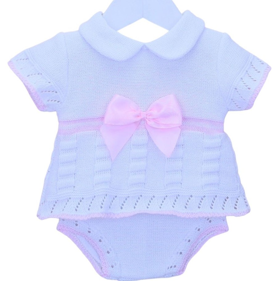 Clothing Pex Knitwear | Violet' White Pink Knitted Bow Top & Bloomers