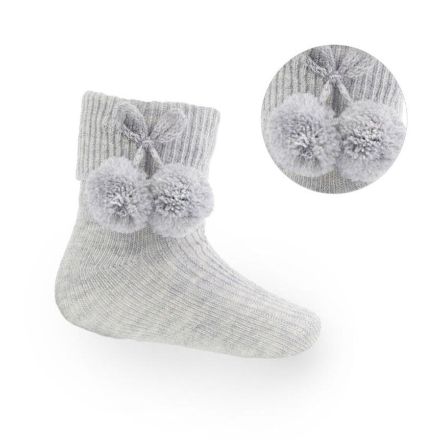 Clothing Millie & Ralph Socks & Tights | Infants Grey Baby Socks With Pom Pom Detailing | Millie & Ralph