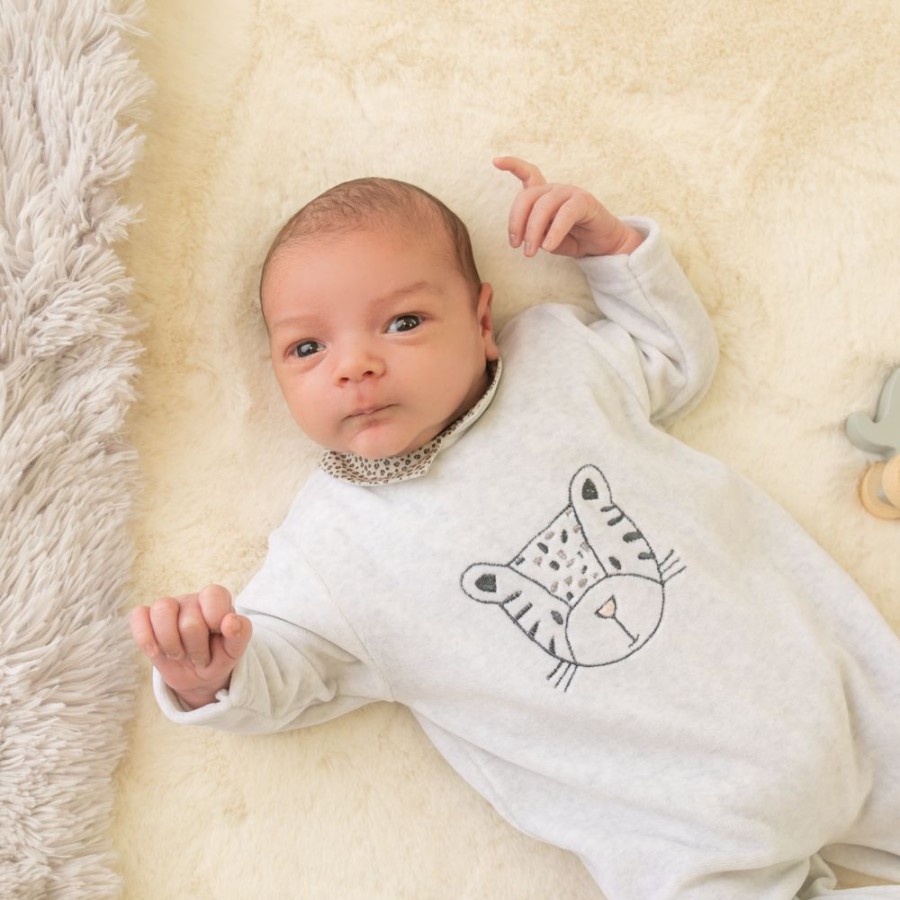 Clothing Millie & Ralph Sleepsuits | Baby Gi Grey Velour Leopard Sleepsuit | Millie & Ralph