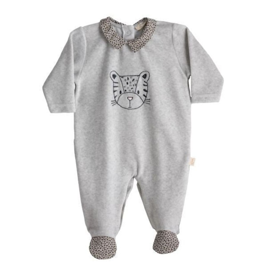 Clothing Millie & Ralph Sleepsuits | Baby Gi Grey Velour Leopard Sleepsuit | Millie & Ralph