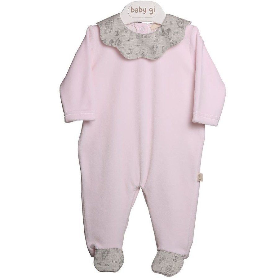 Clothing Millie & Ralph Sleepsuits | Pink Velour Village Print Frill Collar All In One