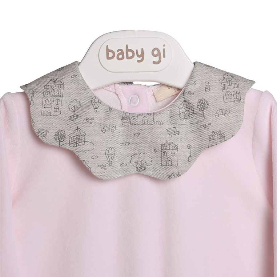 Clothing Millie & Ralph Sleepsuits | Pink Velour Village Print Frill Collar All In One