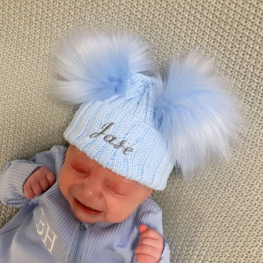 Personalised Millie & Ralph | Double Pom Hat | Personalised Name Sky Blue | Millie & Ralph