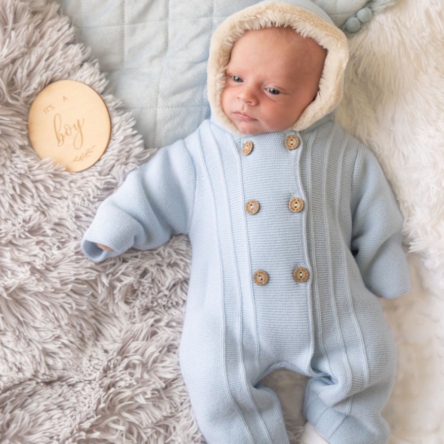 Clothing Millie & Ralph Jackets, Coats & Pramsuits | Light Blue Knitted Fur Pramsuit