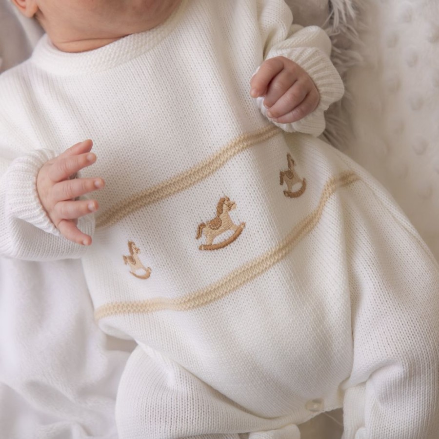 Clothing Dandelion Knitwear | White Rocking Horse Knitted Onesie