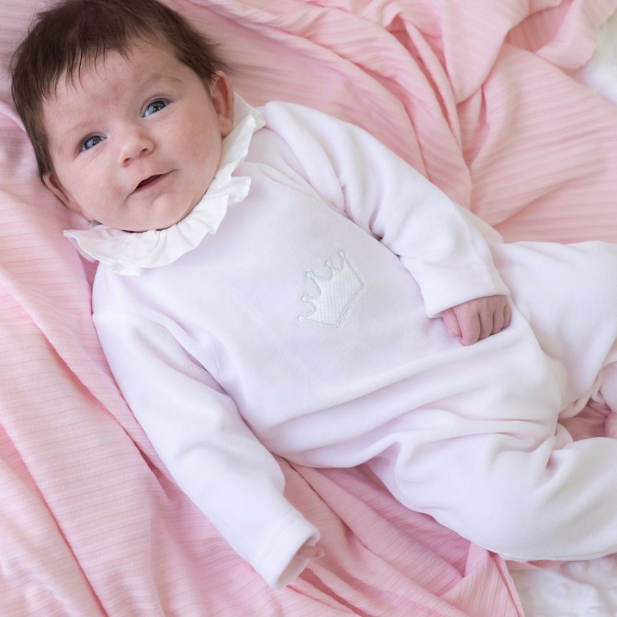 Clothing Millie & Ralph Sleepsuits | Pink Crown Detail Frilly Velour All In One