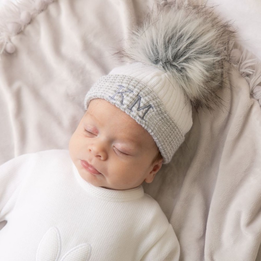 Personalised Millie & Ralph | Personalised First Size Grey & White Single Fur Pom Hat