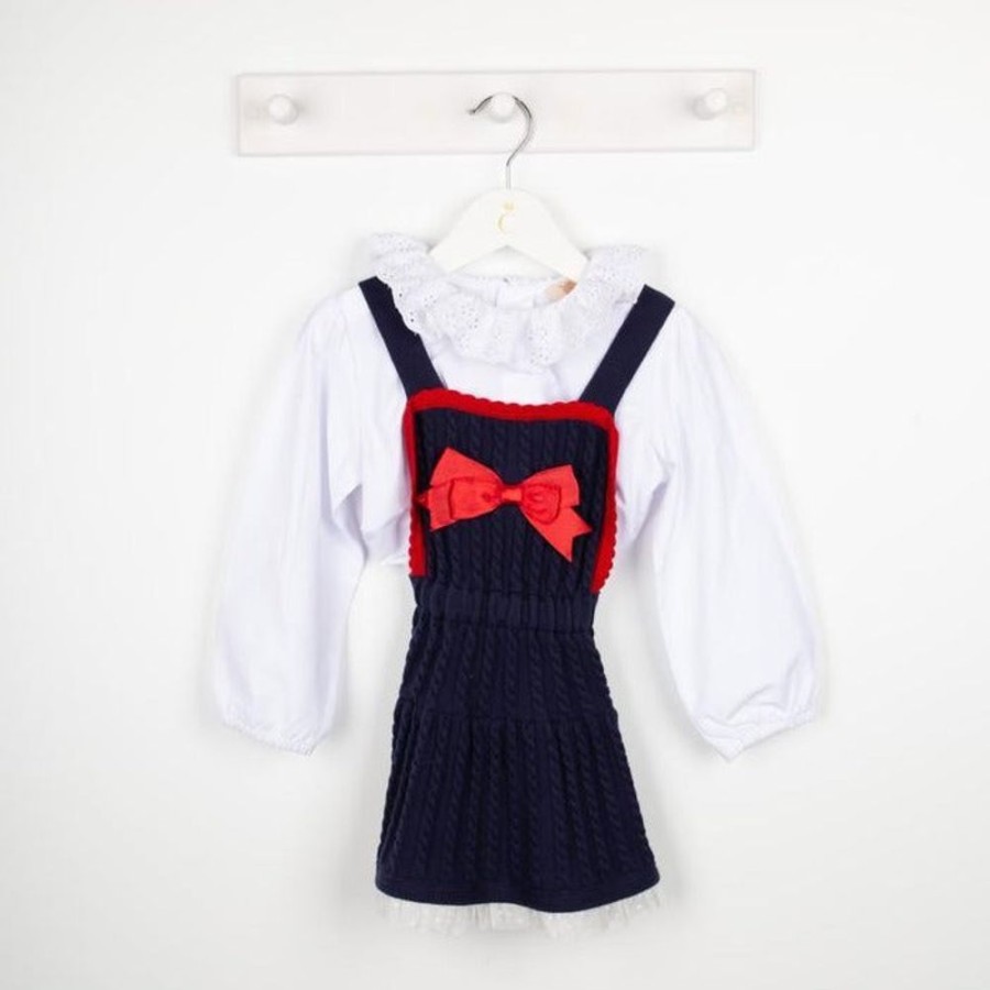 Clothing Caramelo Dresses | Navy & Red Cable Knit Pinafore Dress 2 Piece Set