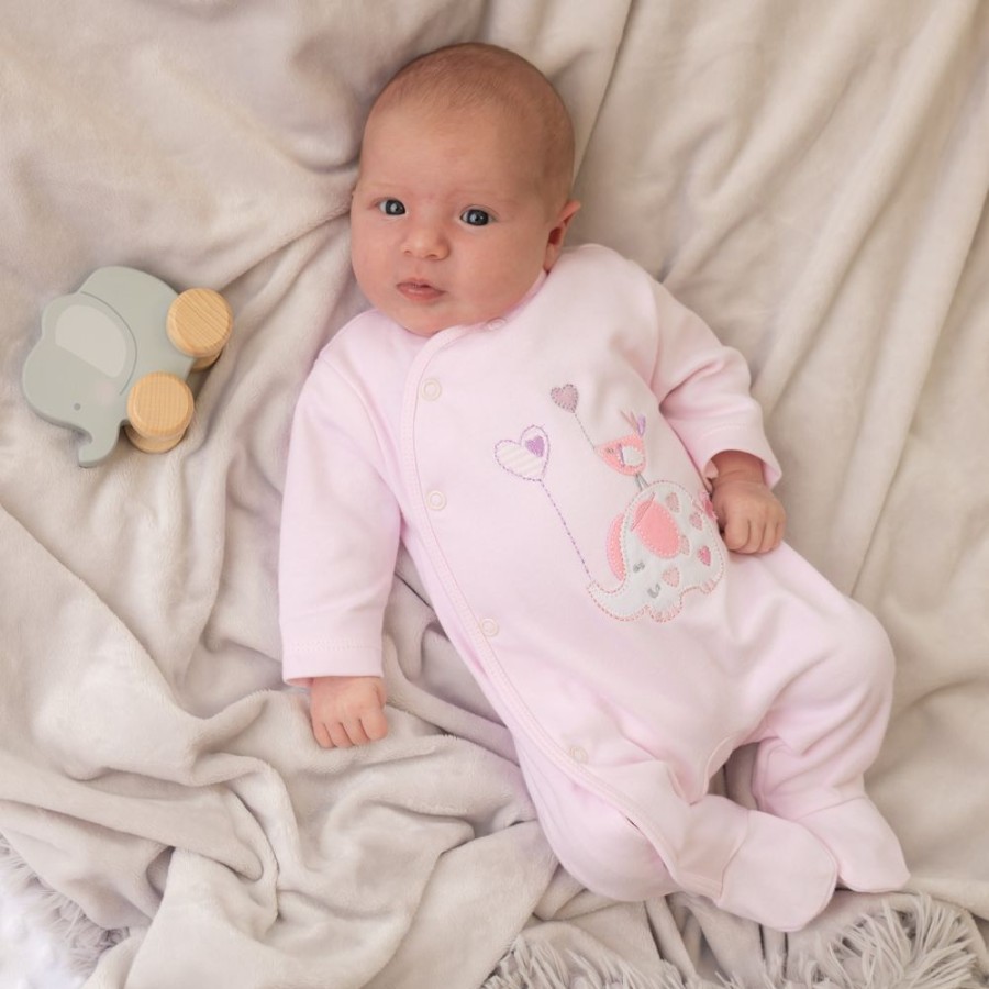 Clothing Dandelion Sleepsuits | Elephant & Bird Pink Cotton Sleepsuit | Millie & Ralph