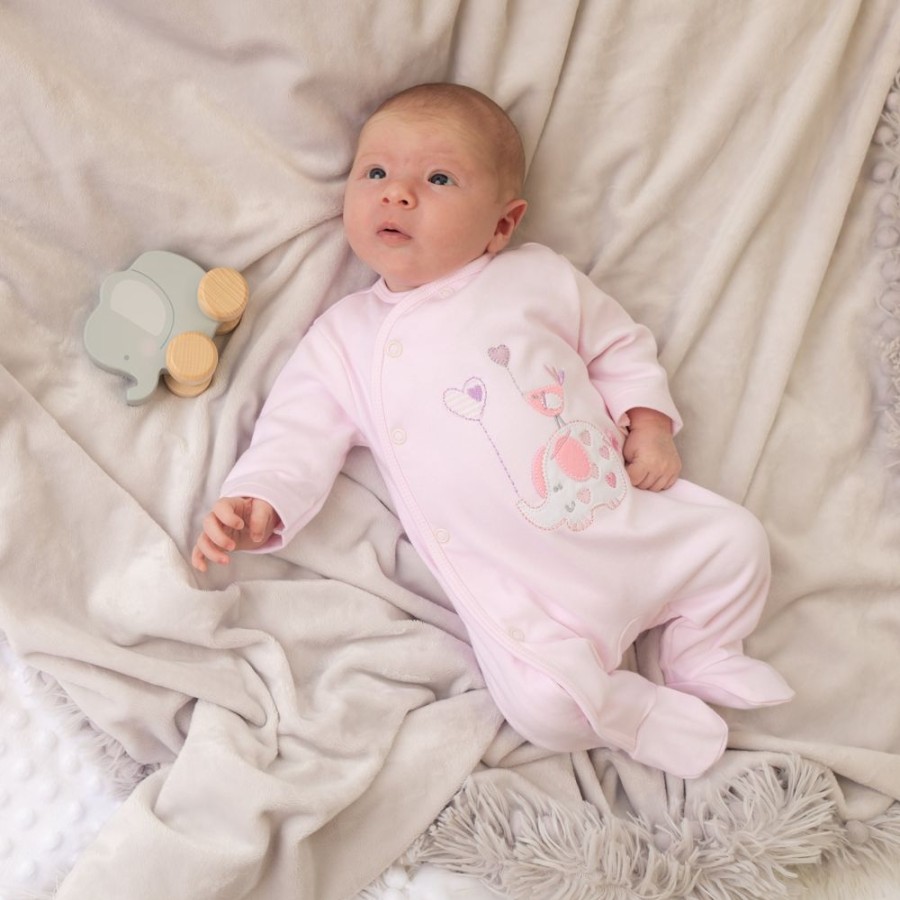 Clothing Dandelion Sleepsuits | Elephant & Bird Pink Cotton Sleepsuit | Millie & Ralph