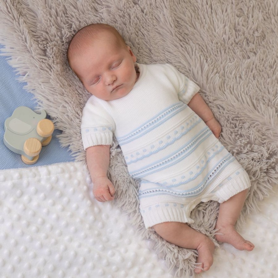 Clothing Dandelion Knitwear | Blue & White Knitted Pointelle Romper