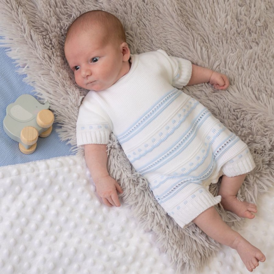 Clothing Dandelion Knitwear | Blue & White Knitted Pointelle Romper