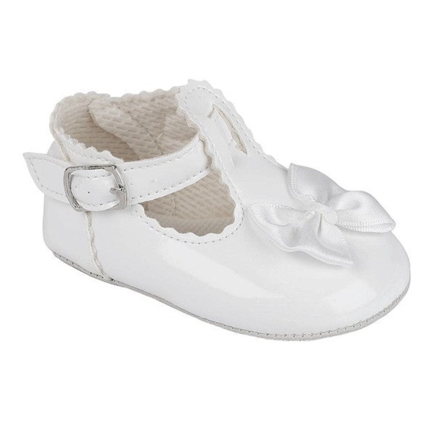 Clothing Baypods Shoes & Booties | Girls White Bow Buckled T - Bar Shoe With Bow