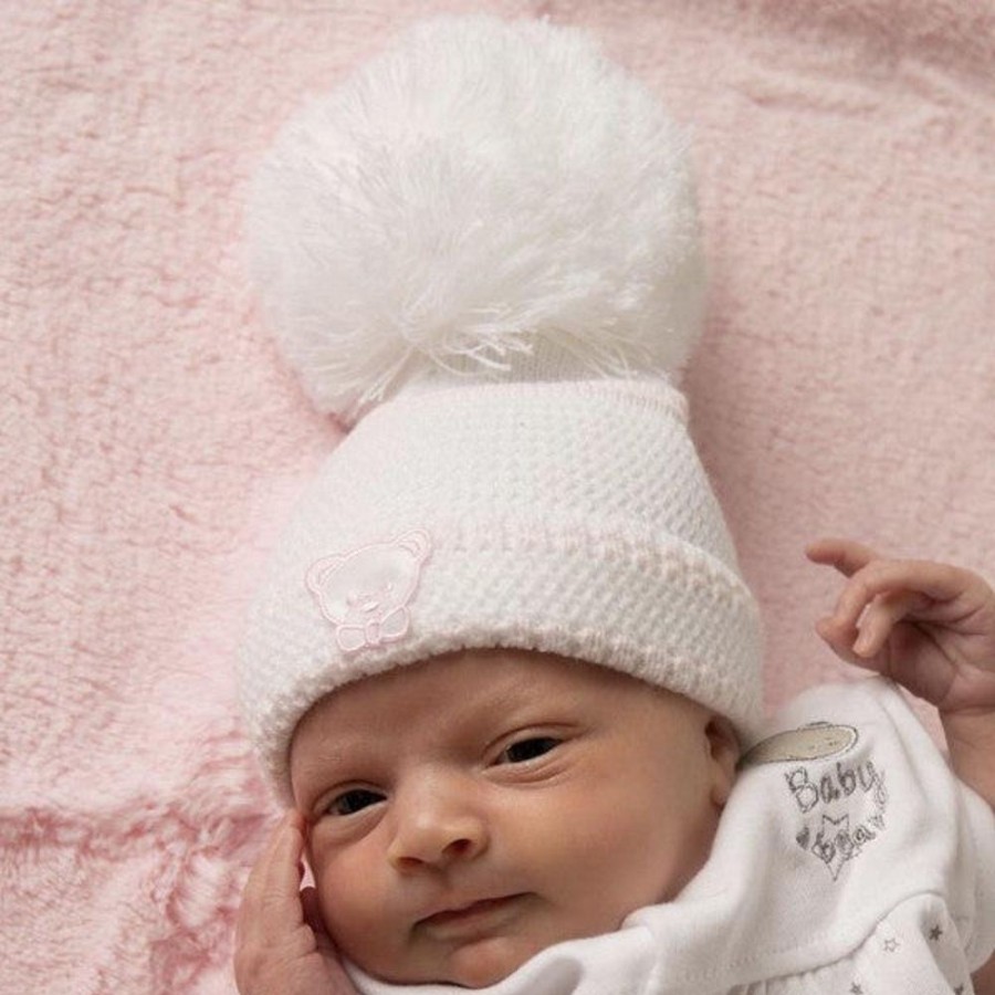 Clothing Millie & Ralph Knitwear | First Size White/Pink Knitted Stripe Pom Hat With Teddy