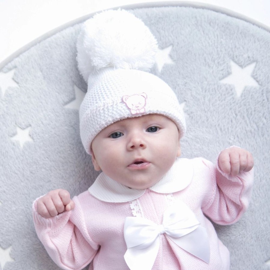 Clothing Millie & Ralph Knitwear | First Size White/Pink Knitted Stripe Pom Hat With Teddy