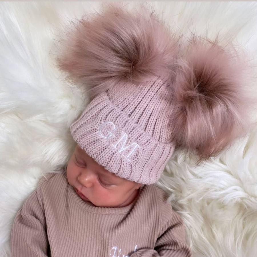 Clothing Millie & Ralph Hats | Personalised Initial Rose Gold Double Pom Hat