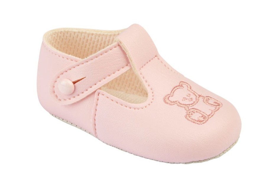 Clothing Baypods Shoes & Booties | Pink Soft Sole Shoes With Embroidered Bear