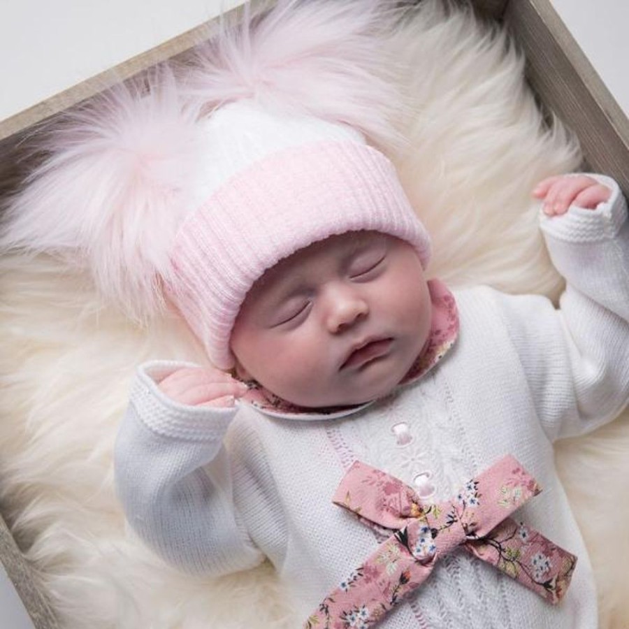 Clothing Millie & Ralph Hats | First Size White And Pink Ribbed Fur Double Pom Hat