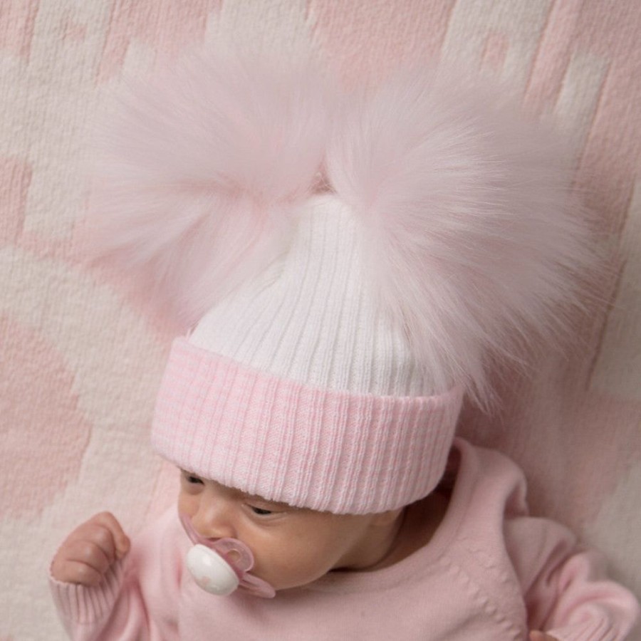 Clothing Millie & Ralph Hats | First Size White And Pink Ribbed Fur Double Pom Hat