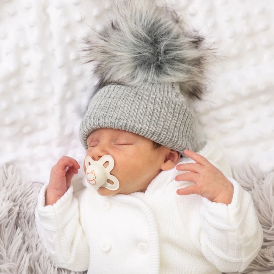 Clothing Millie & Ralph Hats | First Size Grey Ribbed Fur Pom Hat