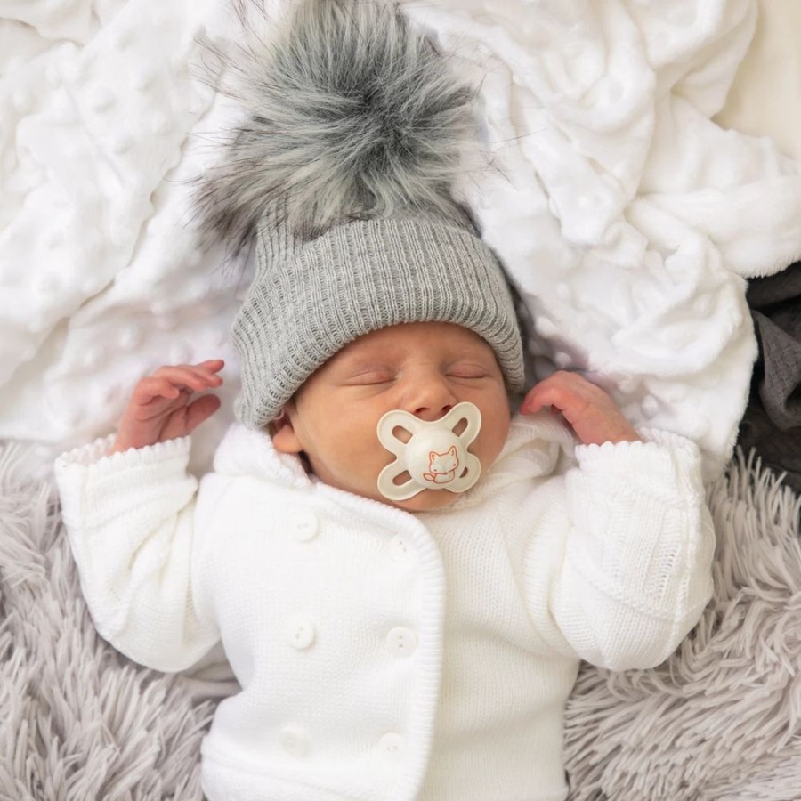 Clothing Millie & Ralph Hats | First Size Grey Ribbed Fur Pom Hat