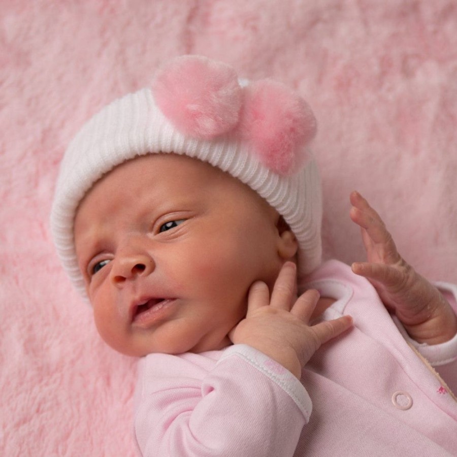 Clothing Millie & Ralph Hats | First Size White Hat With Pink Pom Pom