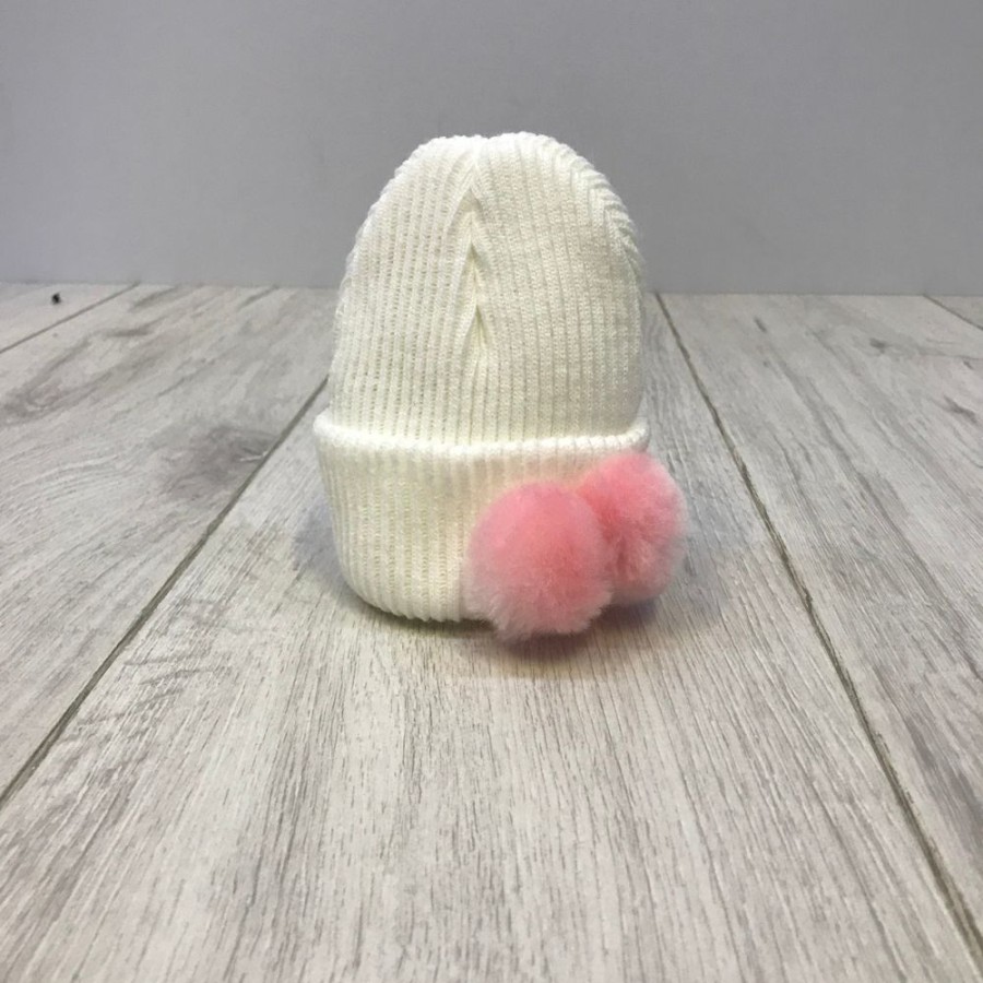 Clothing Millie & Ralph Hats | First Size White Hat With Pink Pom Pom