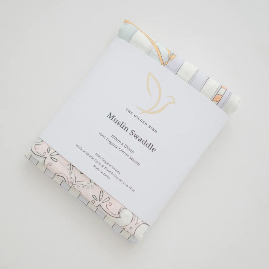 Clothing Gilded Bird Blankets | Gilded Bird Xl Muslin Swaddle - Carousel Blue Stripe