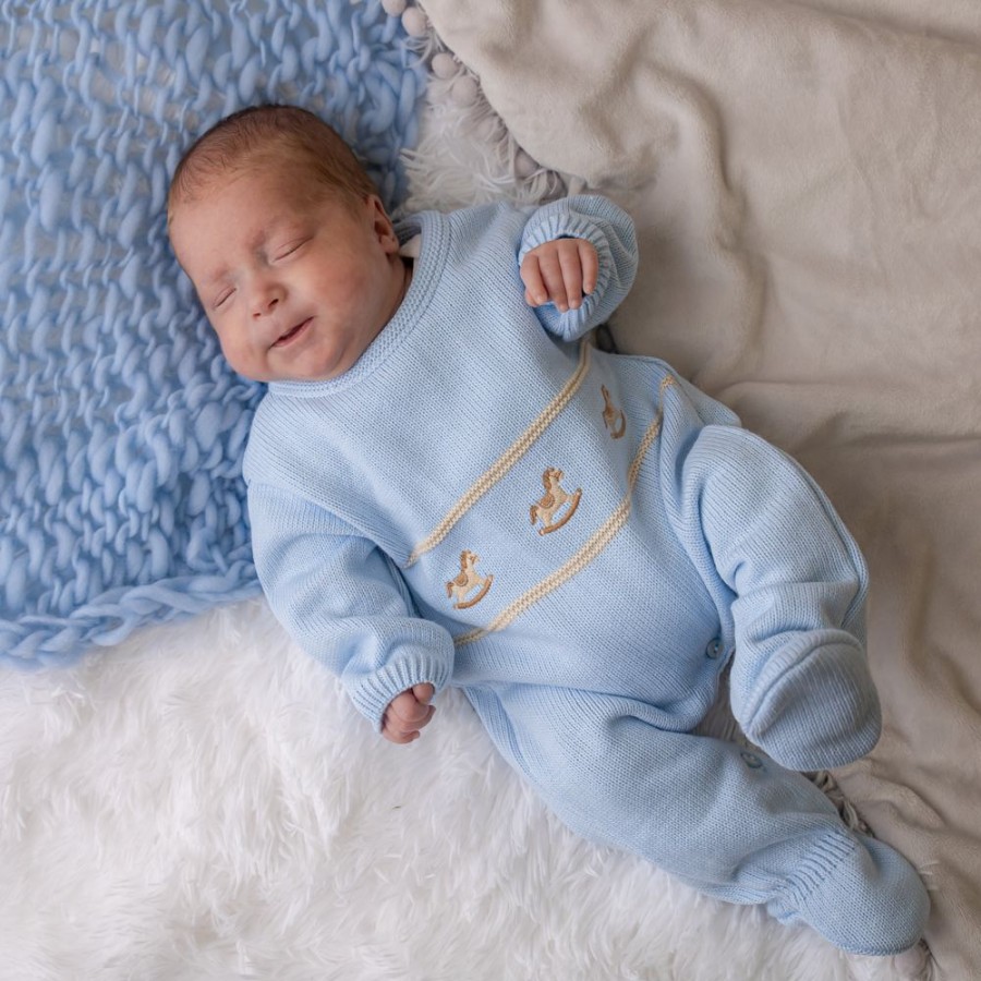 Clothing Dandelion Knitwear | Blue Rocking Horse Knitted Onesie