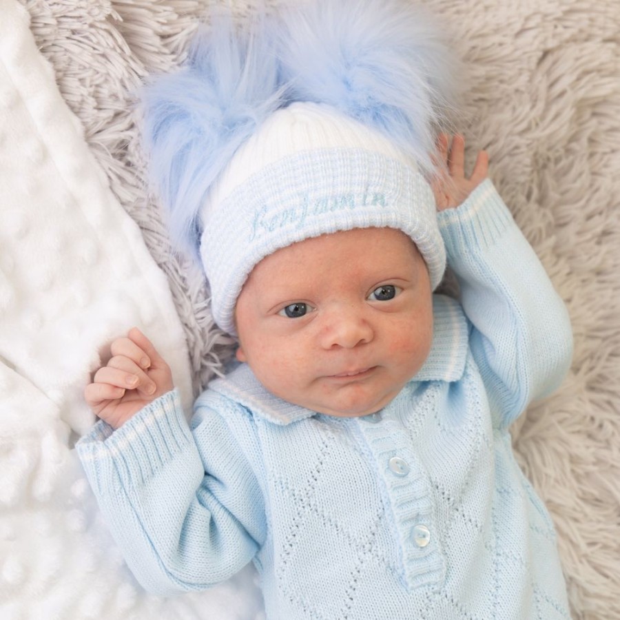 Clothing Millie & Ralph Hats | Personalised First Size Blue & White Double Fur Pom Hat